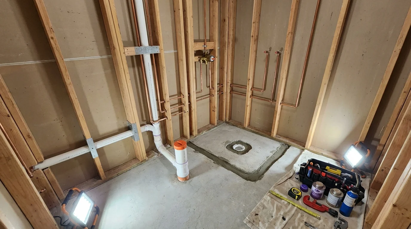 Bathroom rough-in plumbing during remodel by Johns Plumbing LLC in Horse Cave