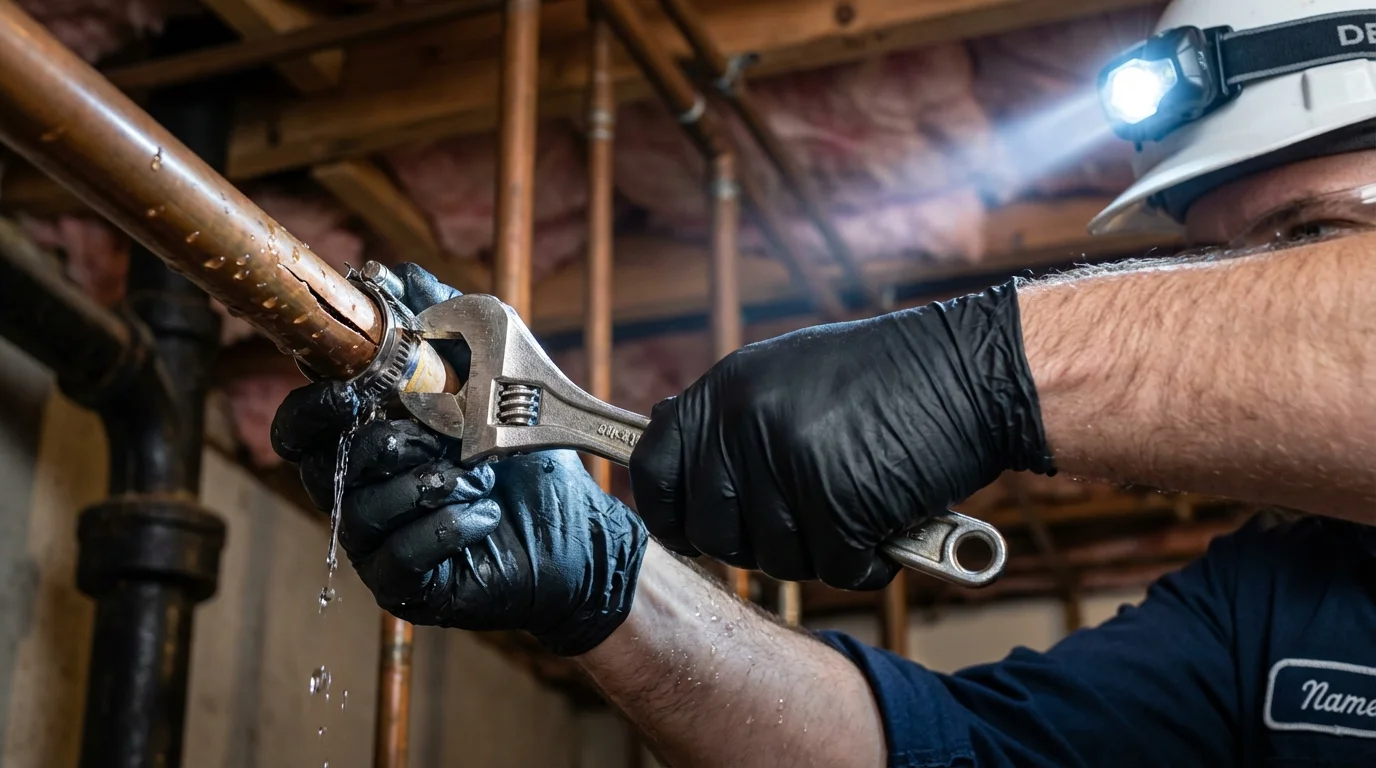 Emergency pipe clamp repair being performed by a Johns Plumbing LLC plumber in Horse Cave